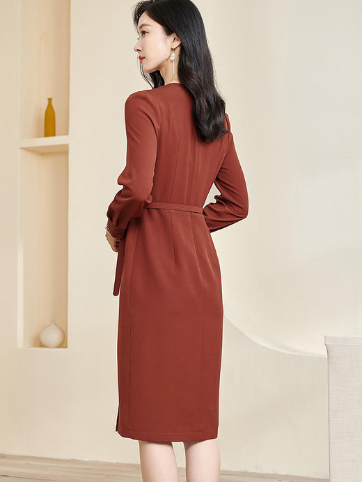 米思阳2026春季新款优雅大方简约连衣裙压褶V领长袖中长裙子2285 商品图3