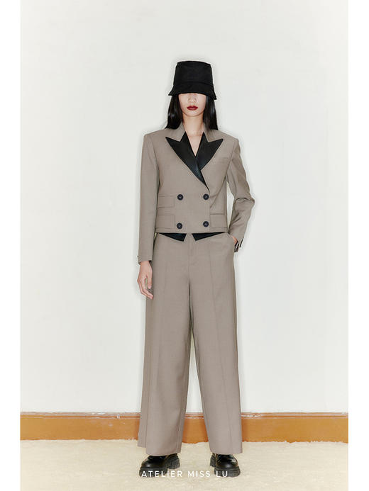 【千纸鹤】天然羊毛混织马海毛腰部拼接羊皮革高腰阔腿裤/2200019 商品图1