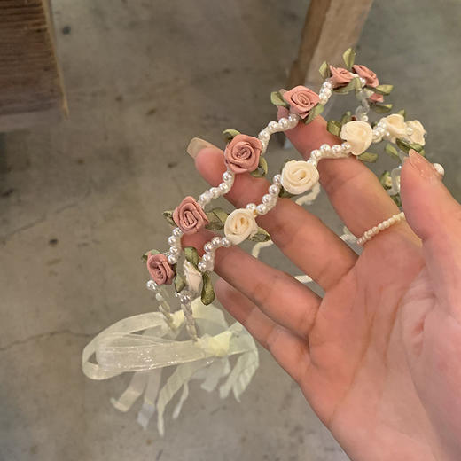 【韩国东大门珍珠花朵发箍】发带绑发一体系，夏季仙女森系超仙飘带发饰-QQ 商品图1