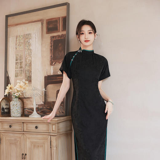 复古改良淑女长款花萝锻气质修身年轻旗袍连衣裙  XL830 商品图4