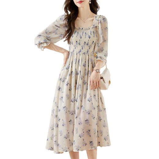 甜美法式雪纺碎花连衣裙长款2022秋新款设计感小众方领裙子 DL1922 商品图4