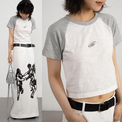 CryingCenter 好搭的撞色竹节棉微微透插肩袖T恤短袖上衣 商品图1