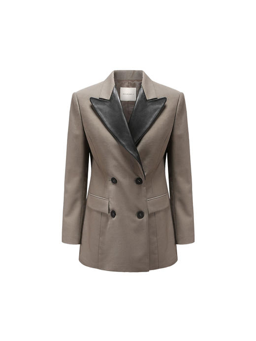 【烟熏山谷】天然羊毛混马海毛羊皮革拼接垫肩中长款西装外套/220032 商品图4