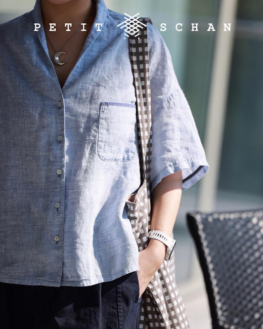 PETIT SCHAN小闪 CLO#100 moonlight 月光 法国进口色织亚麻青果领短袖衬衫 商品图5