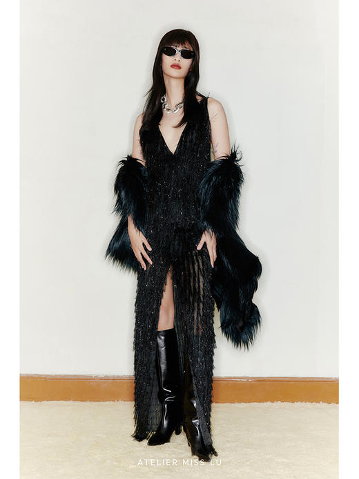 【黑色曼陀罗】重工设计长毛环保皮草披肩/22ZB05 商品图1