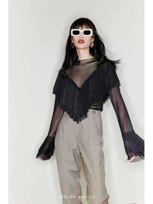 【暗夜波浪】百褶V领设计弹力网纱微透上衣/220033A 商品图2