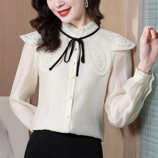 MZ80469新款时尚名媛气质娃娃领长袖荷叶边仿真丝衬衫 商品图0