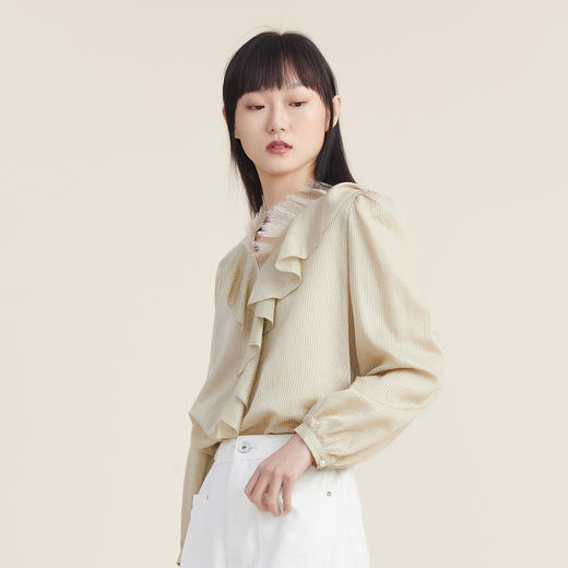 谜底2022秋新品复古浪漫舒适柔软荷叶边真丝棉上衣女223MS1072 商品图1