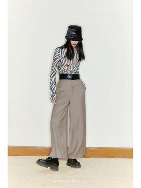 【千纸鹤】天然羊毛混织马海毛腰部拼接羊皮革高腰阔腿裤/2200019