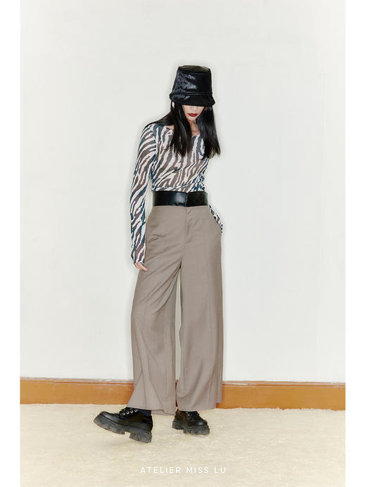 【千纸鹤】天然羊毛混织马海毛腰部拼接羊皮革高腰阔腿裤/2200019 商品图0