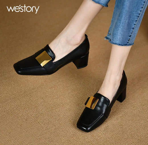 westory22年秋季新款方头粗跟金属扣百搭英伦风小皮鞋单鞋72661 商品图1