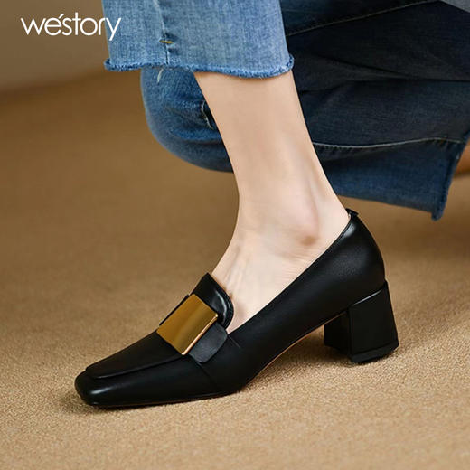 westory22年秋季新款方头粗跟金属扣百搭英伦风小皮鞋单鞋72661 商品图2