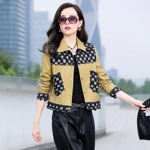 皮衣外套女2022秋季新款棋盘格拼色高级感时尚早秋流行显瘦上衣潮WW58099 商品图2