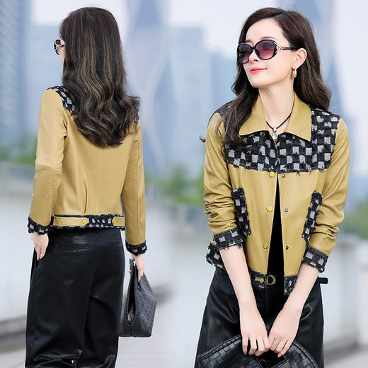 皮衣外套女2022秋季新款棋盘格拼色高级感时尚早秋流行显瘦上衣潮WW58099 商品图1