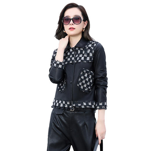 皮衣外套女2022秋季新款棋盘格拼色高级感时尚早秋流行显瘦上衣潮WW58099 商品图3