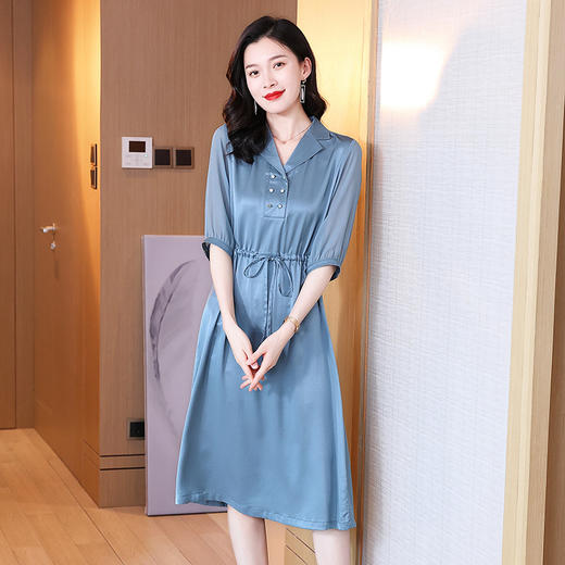 时尚品质，中袖西装领中长款显瘦气质桑蚕丝重磅真丝斜纹连衣裙KQN-242-15 商品图0