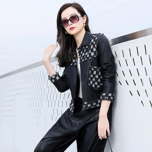 皮衣外套女2022秋季新款棋盘格拼色高级感时尚早秋流行显瘦上衣潮WW58099 商品图5