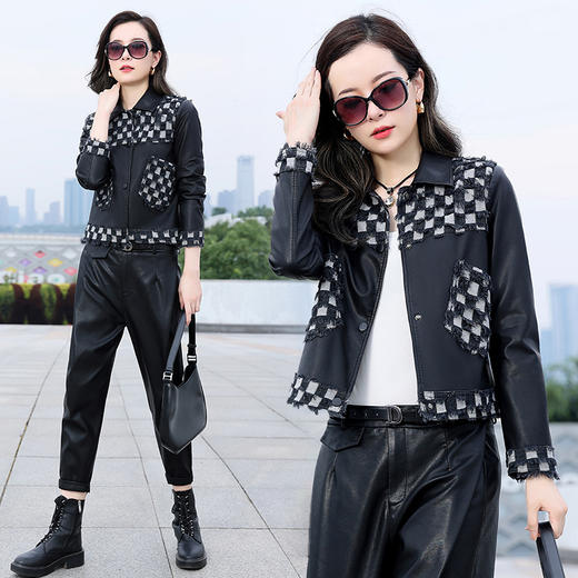 皮衣外套女2022秋季新款棋盘格拼色高级感时尚早秋流行显瘦上衣潮WW58099 商品图0