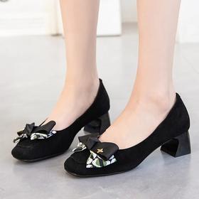 ZY6119气质方头粗跟蝴蝶结浅口大码单鞋