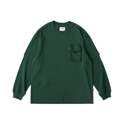 吃茶去chichaqu重磅宽松山系拉链口袋假两件长袖T恤 商品图4