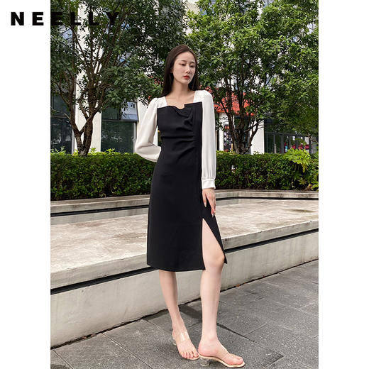 NEELLY纳俪商场同款秋季气质连衣裙女胸前压褶显瘦中长款下开叉裙N22074Y03304 商品图1
