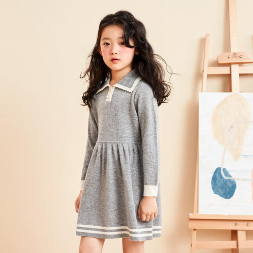mettekids女童连衣裙春秋新款百褶公主裙中大童长袖纯羊绒裙子 商品图2
