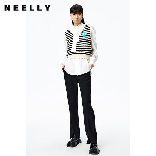 NEELLY纳俪商场同款条纹马甲女气质V领卡通刺绣修身针织衫马夹潮N22083A01101 商品图1