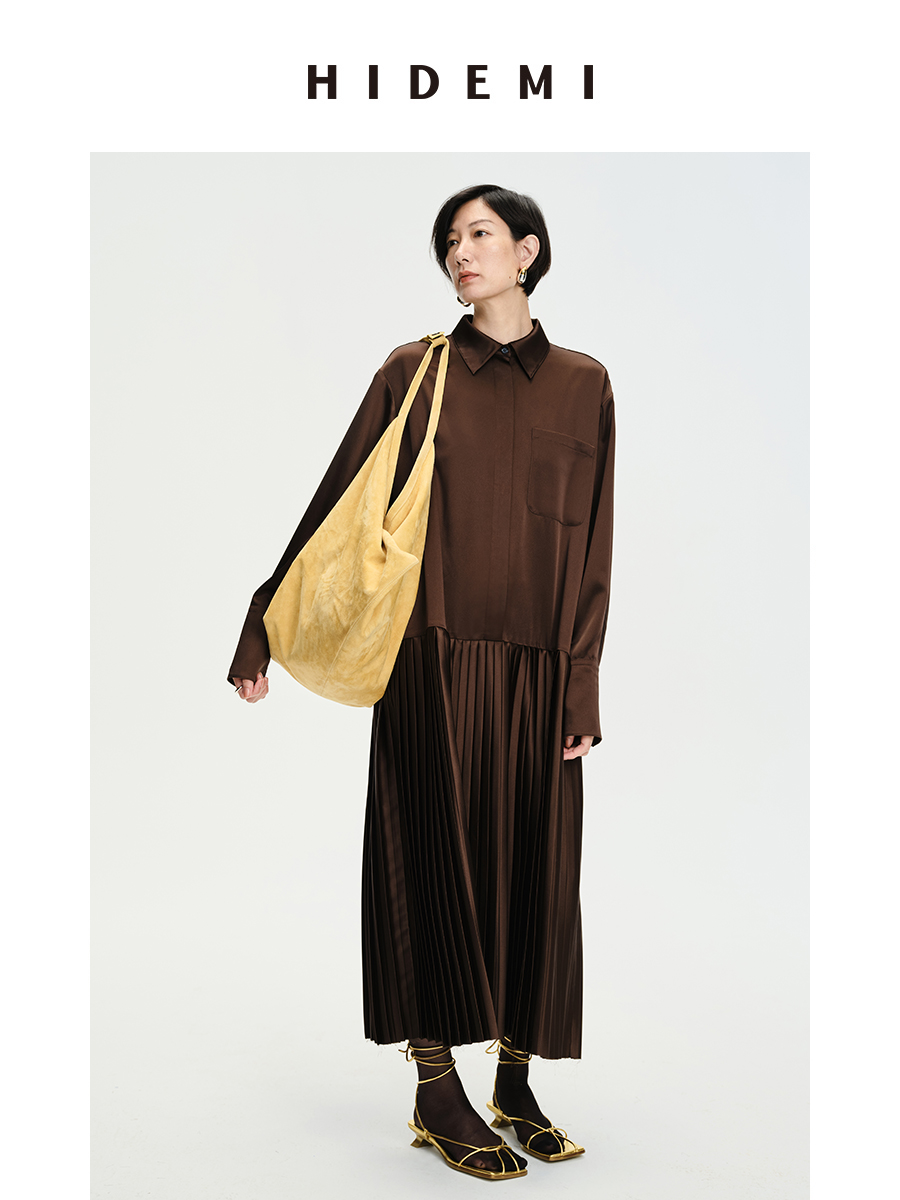 HIDEMI 缎面褶皱衬衫设计感百褶连衣裙 巧克力棕/微光绿