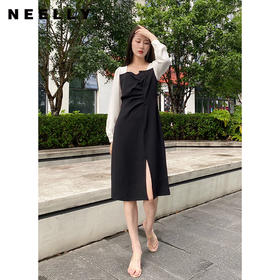 NEELLY纳俪商场同款秋季气质连衣裙女胸前压褶显瘦中长款下开叉裙N22074Y03304