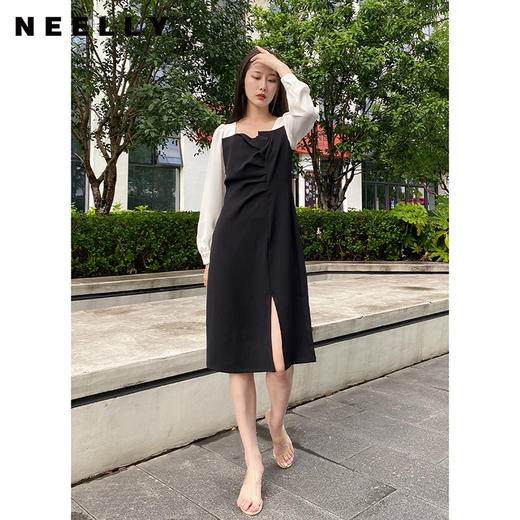 NEELLY纳俪商场同款秋季气质连衣裙女胸前压褶显瘦中长款下开叉裙N22074Y03304 商品图0
