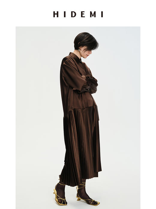 HIDEMI 缎面褶皱衬衫设计感百褶连衣裙 巧克力棕/微光绿 商品图10
