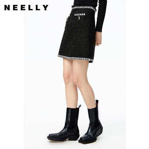 NEELLY纳俪商场同款半身裙女小香风撞色织带设计高腰毛呢A字裙秋N22083E01113 商品图2