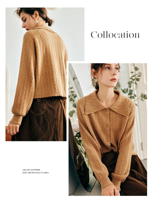 OLrain欧芮儿法式浅咖色针织衫女早秋2022年新款复古慵懒翻领开衫 商品图1