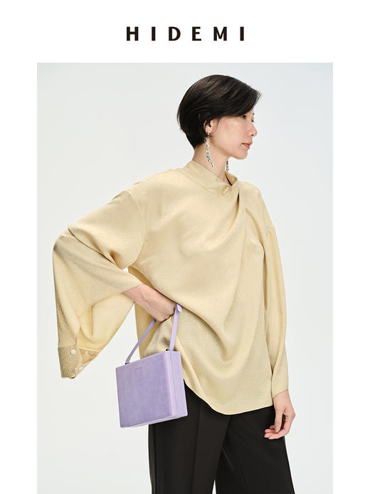 HIDEMI 香槟波纹醋酸镂空灯笼袖设计感堆叠领上衣 商品图9