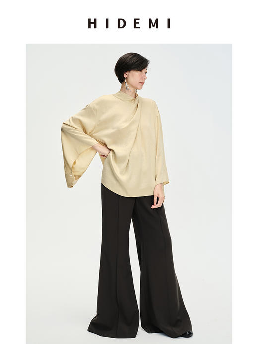 HIDEMI 香槟波纹醋酸镂空灯笼袖设计感堆叠领上衣 商品图1