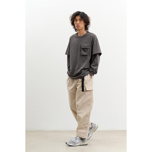 吃茶去chichaqu重磅宽松山系拉链口袋假两件长袖T恤 商品图2