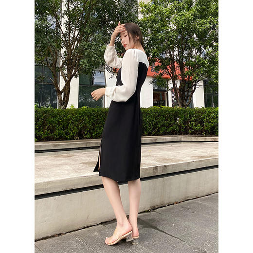 NEELLY纳俪商场同款秋季气质连衣裙女胸前压褶显瘦中长款下开叉裙N22074Y03304 商品图4