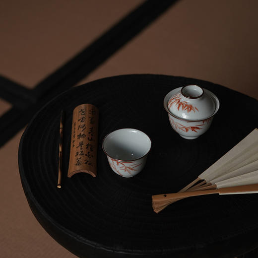 景德镇赋山堂 巩红斑竹铜口盖碗手绘诗文主人杯锔铜口泡茶碗新 商品图4