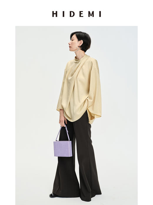 HIDEMI 香槟波纹醋酸镂空灯笼袖设计感堆叠领上衣 商品图7