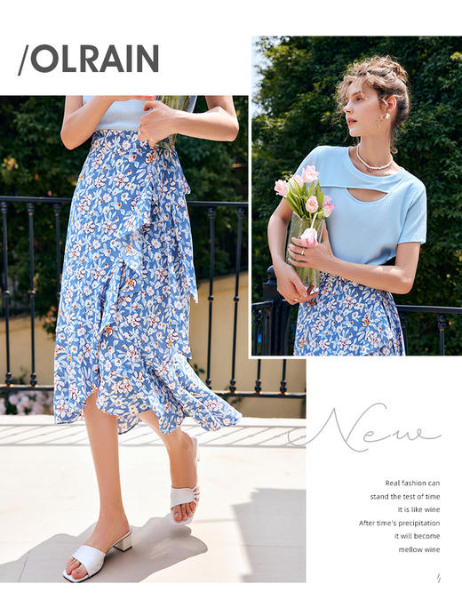 OLrain法式高级穿搭碎花雪纺半身裙女夏季2022新款高腰不规则裙子 商品图0