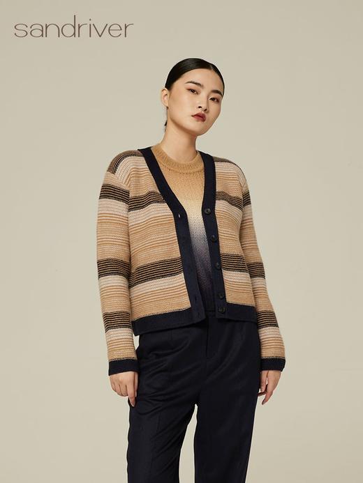 针梭相拼V领提花夹条羊绒外套 SJF94W299K 商品图0