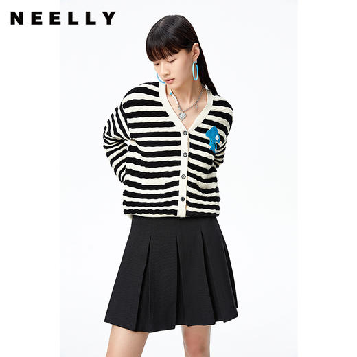 NEELLY纳俪商场同款气质V领条纹针织衫女单排扣毛衣开衫休闲上衣N22083A01100 商品图0