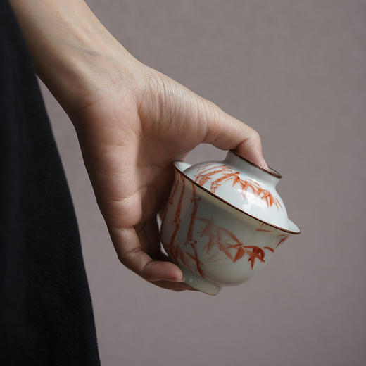 景德镇赋山堂 巩红斑竹铜口盖碗手绘诗文主人杯锔铜口泡茶碗新 商品图1