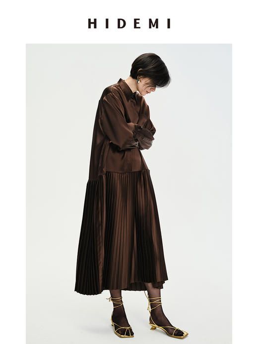 HIDEMI 缎面褶皱衬衫设计感百褶连衣裙 巧克力棕/微光绿 商品图2