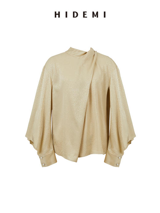 HIDEMI 香槟波纹醋酸镂空灯笼袖设计感堆叠领上衣 商品图14