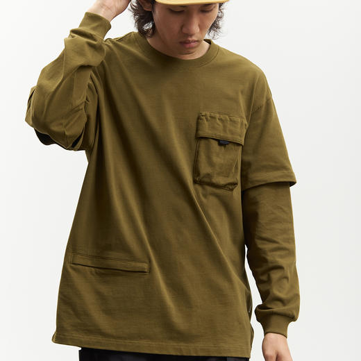 吃茶去chichaqu重磅宽松山系拉链口袋假两件长袖T恤 商品图3