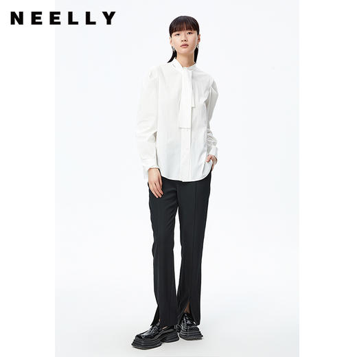 NEELLY纳俪商场同款2022秋季新款白色衬衫女立领飘带简约上衣休闲N22083B01105 商品图2