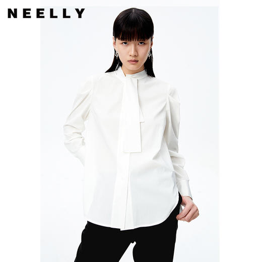 NEELLY纳俪商场同款2022秋季新款白色衬衫女立领飘带简约上衣休闲N22083B01105 商品图0