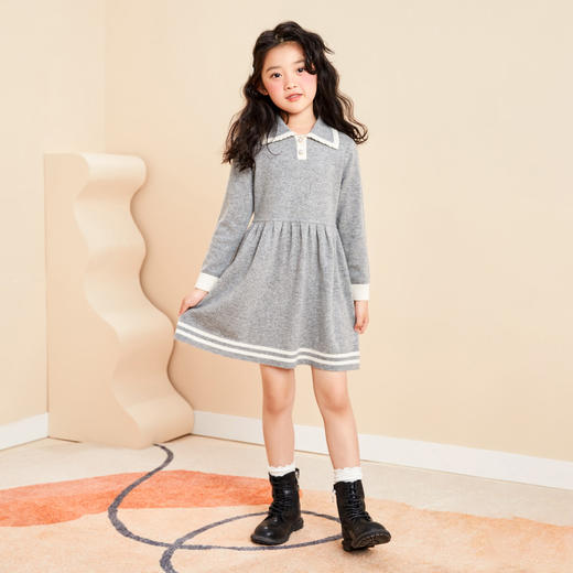mettekids女童连衣裙春秋新款百褶公主裙中大童长袖纯羊绒裙子 商品图4
