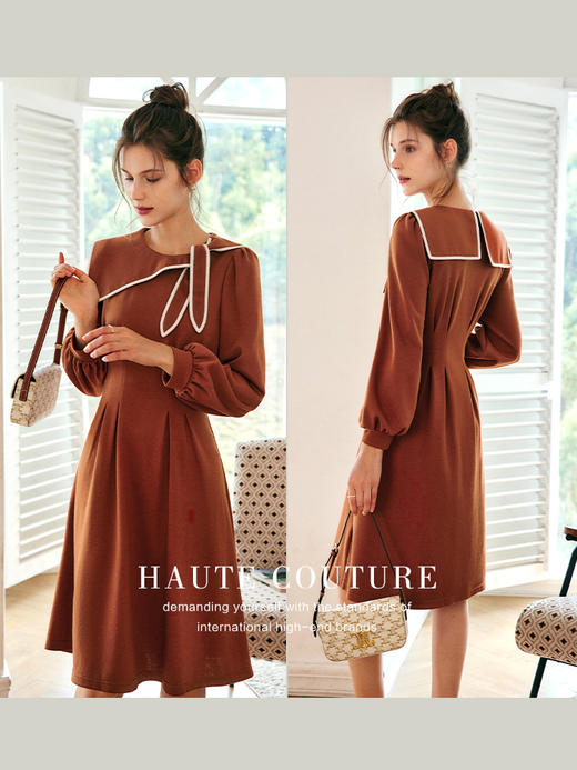 OLrain欧芮儿法式焦糖色长袖连衣裙女早秋2022新款不规则A字摆裙 商品图3